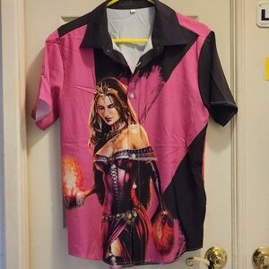 Pink and black shirt with lady